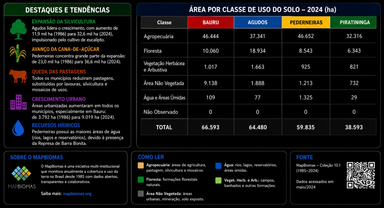Destaques, tendências e tabela de área por classe de uso do solo em 2024